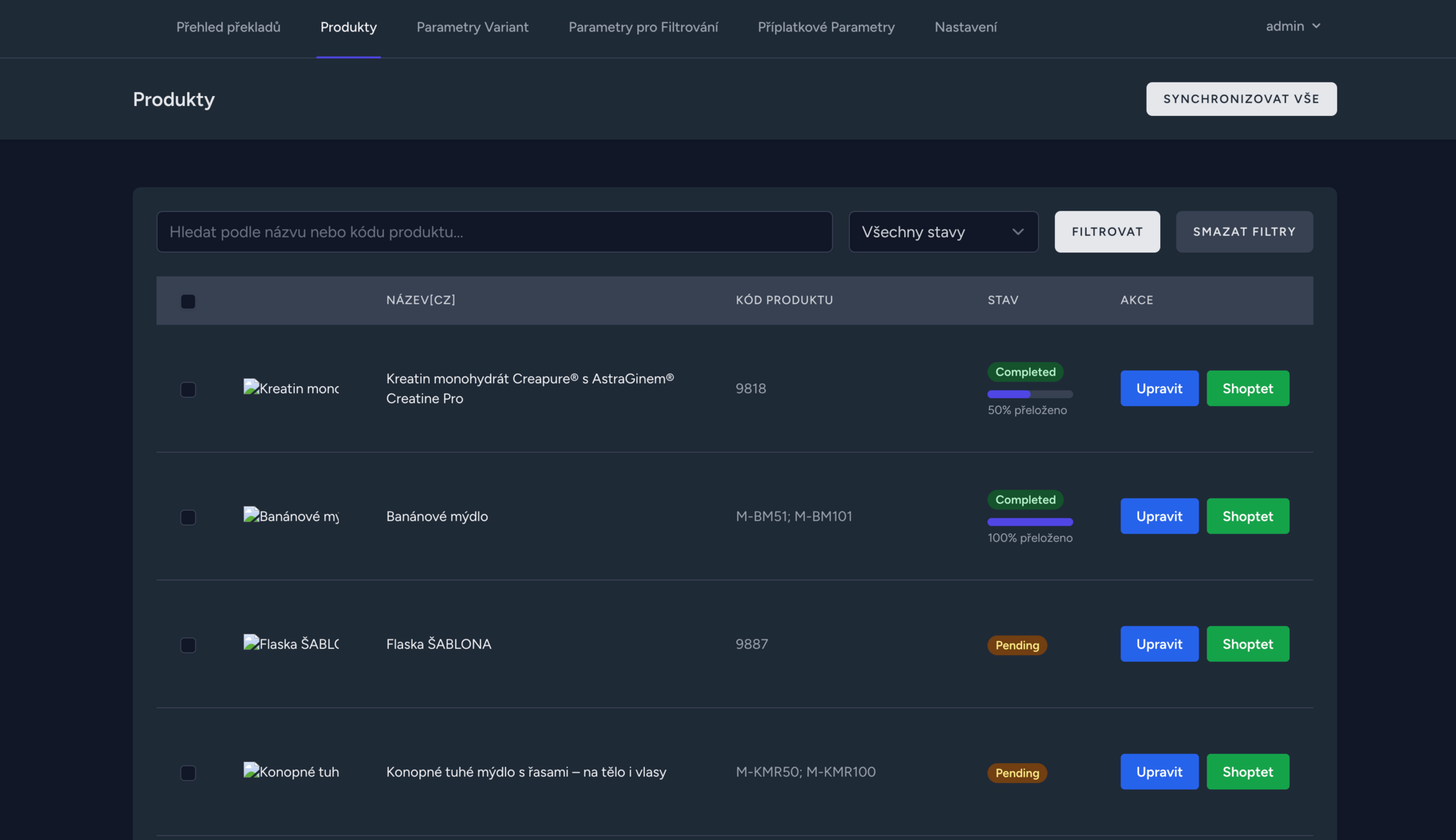 Administrace AI překladače produktů: seznam produktů se stavem překladu