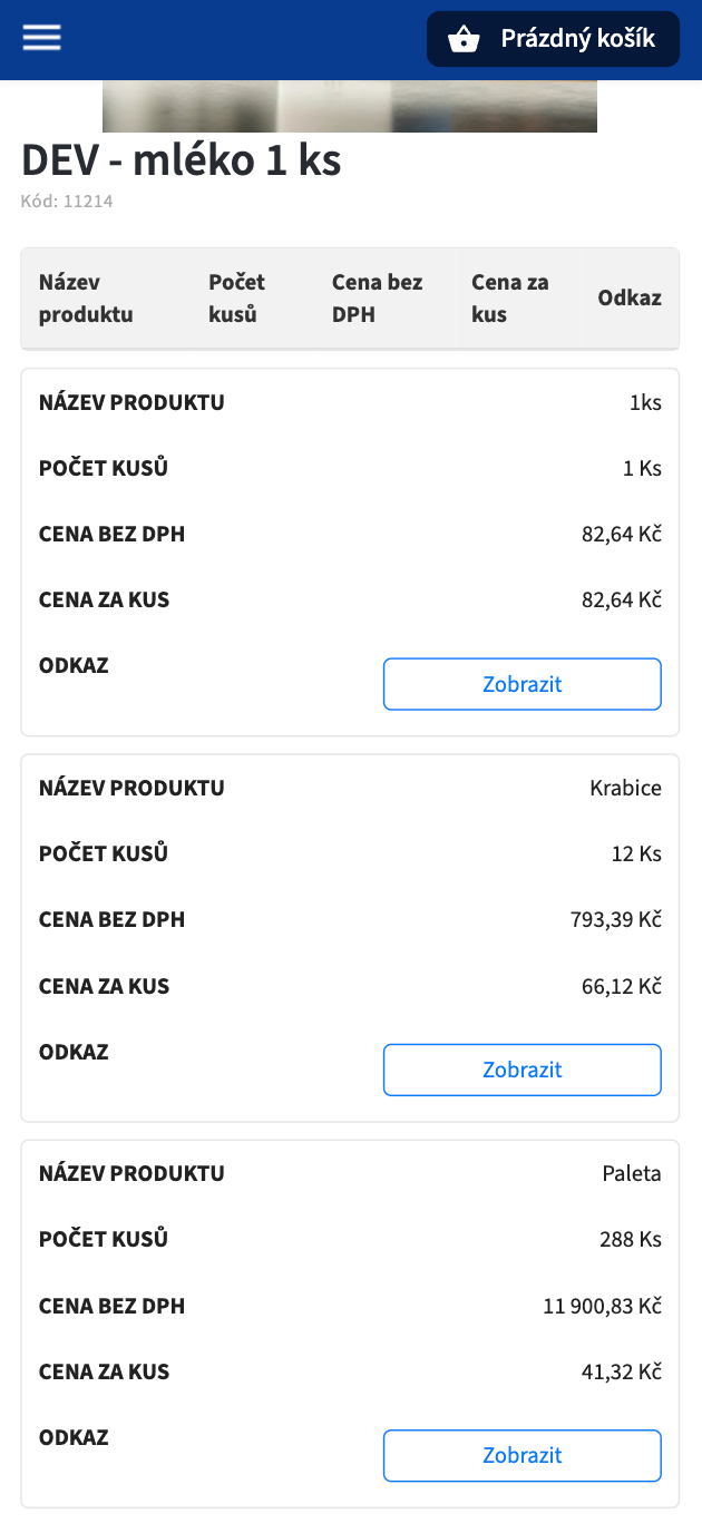 Mobilní zobrazení detailu produktu v Shoptetu s tabulkou cen podle velikosti balení – 1 kus, krabice 12 ks a paleta 288 ks s výhodnější cenou za kus