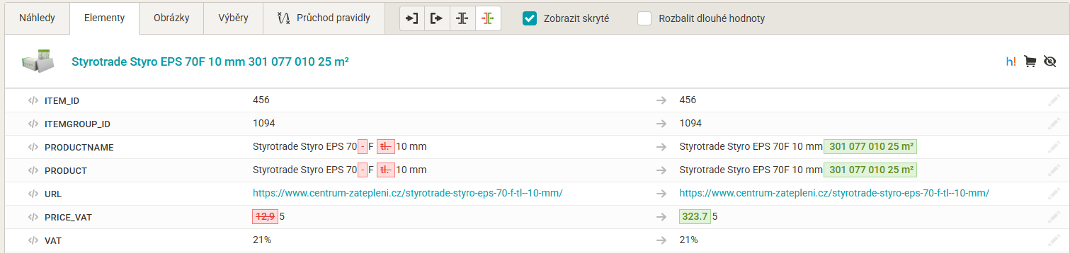 Mergado – náhled produktu s upraveným názvem a cenou za balení pro Heureku