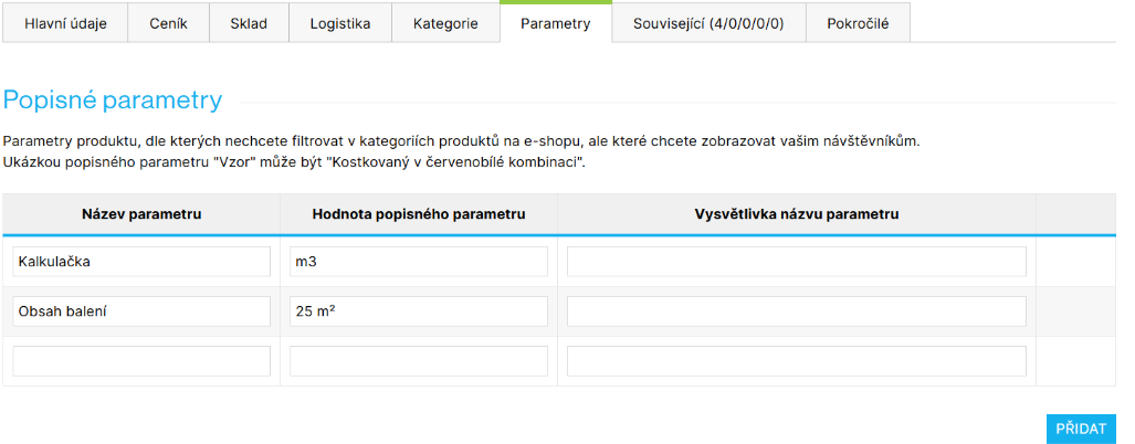 Popisné parametry produktu v Shoptetu – kalkulačka a obsah balení
