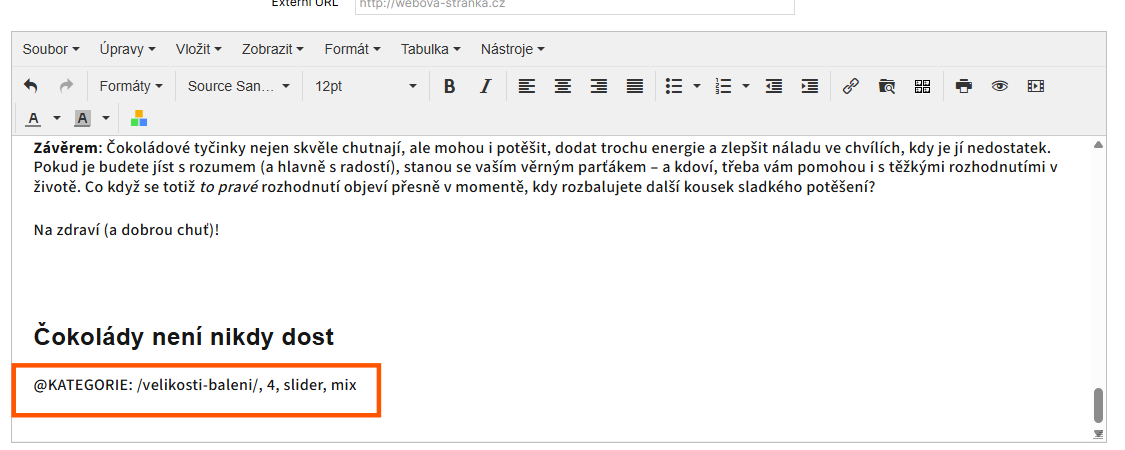 Textový editor článku v Shoptetu s vloženým krátkým kódem @KATEGORIE zvýrazněným na konci textu