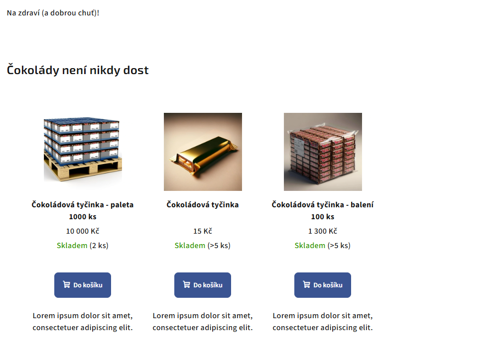 Náhled článku na e-shopu s automaticky vykreslenými produkty včetně cen, dostupnosti a tlačítek Do košíku