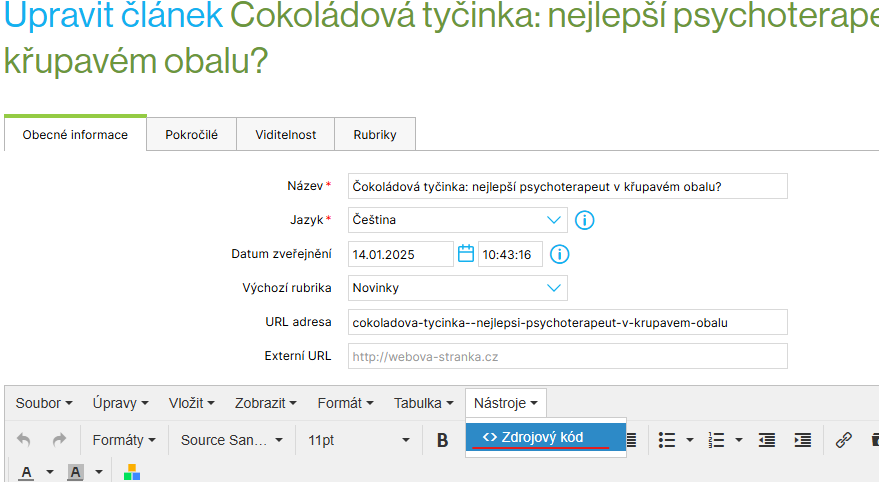 Rozhraní Upravit článek v administraci Shoptetu s otevřenou nabídkou Nástroje a zvýrazněnou položkou Zdrojový kód