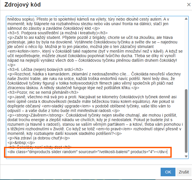 Okno Zdrojový kód s vloženým HTML kódem doplňku pro zobrazení produktů z kategorie