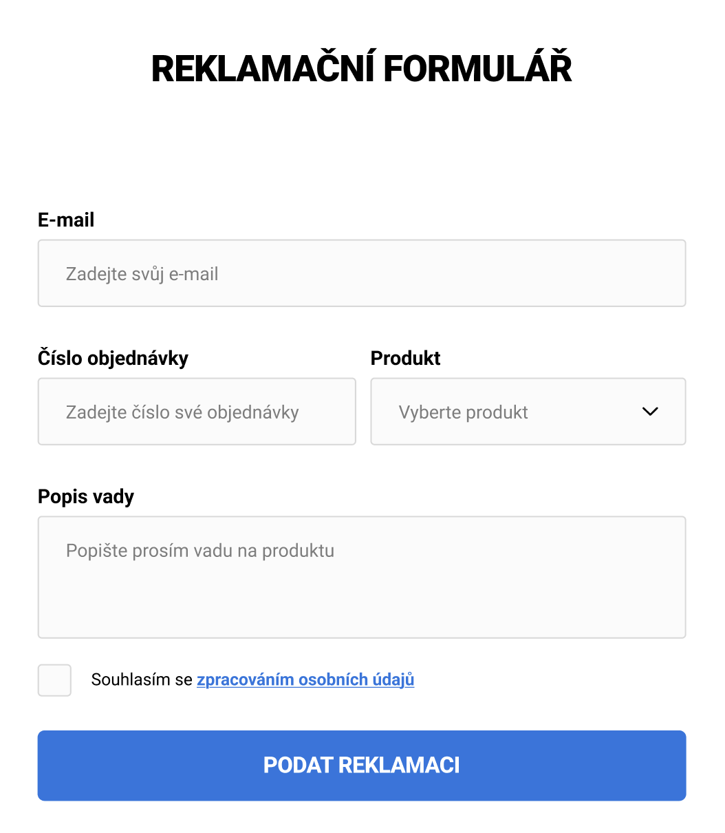 Ukázkový reklamační formulář s poli e-mail, číslo objednávky, výběr produktu, popis vady a tlačítkem Podat reklamaci