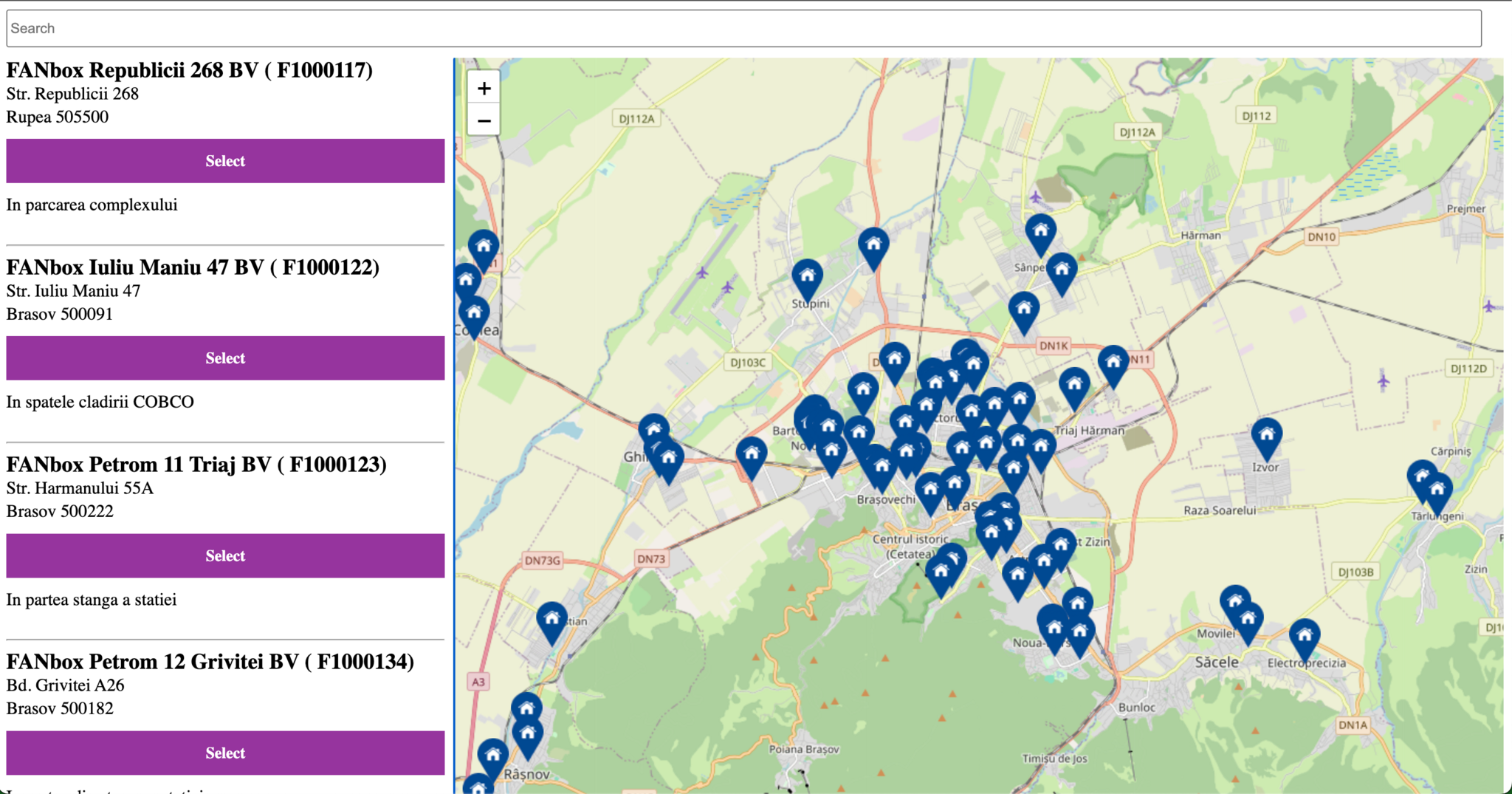 Widget VHL Europe v objednávce – výběr výdejního místa FANbox ze seznamu a na mapě